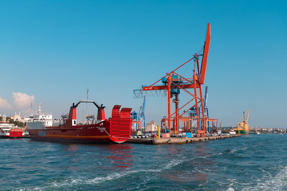 Cargo ships and cranes at a bustling port in Istanbul, illustrating maritime industry and logistics.