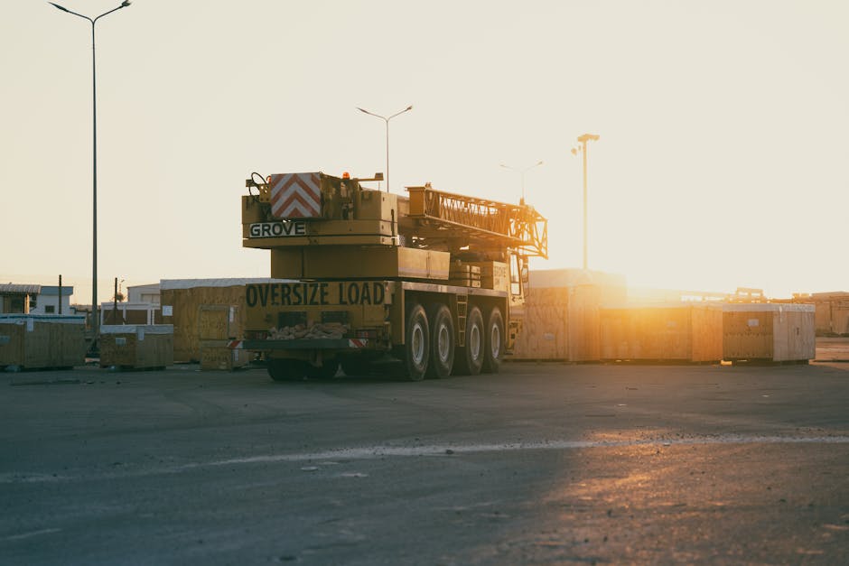 A construction crane at a Libyan site during sunset, emphasizing industry and development.